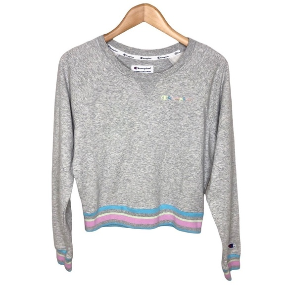 Champion Lifestyle Campus French Terry Sweatshirt Size Medium Gray Pastel Stripe - Picture 2 of 8